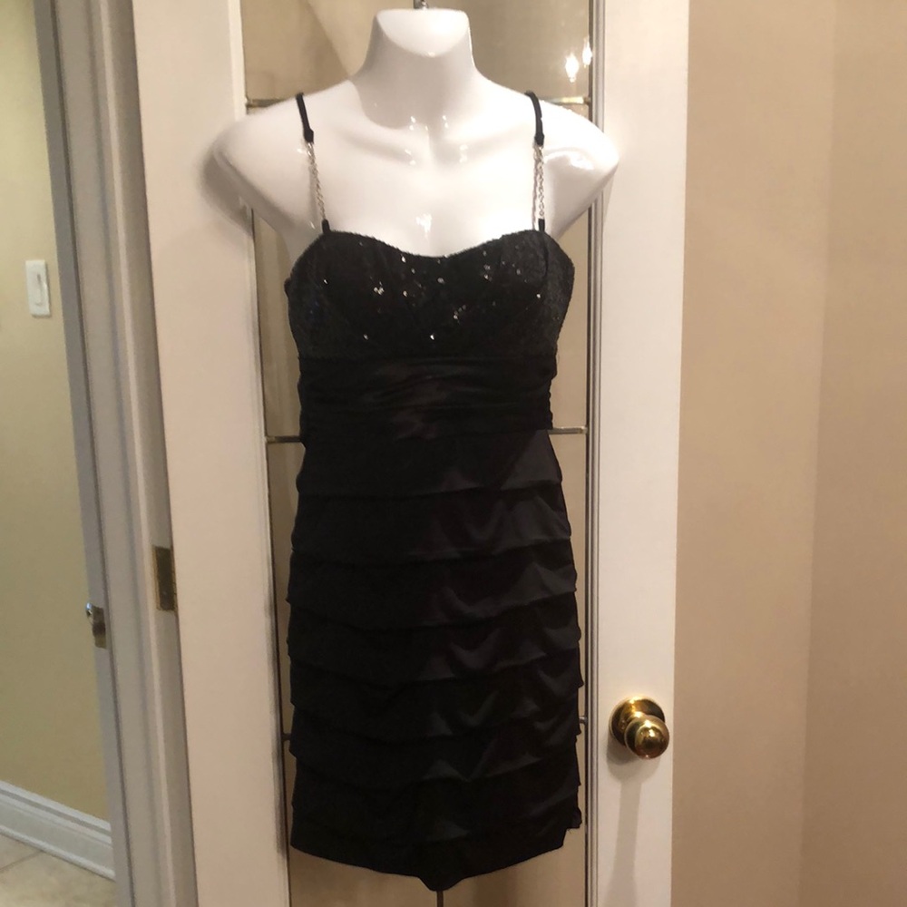Black Sequined Tiered Spaghetti Strap Dress
